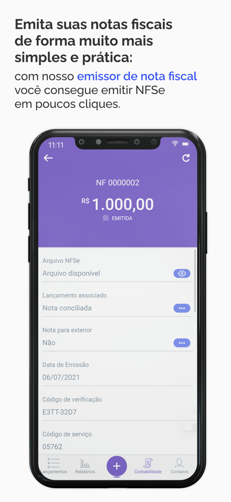 Qipu Contabilidade Abra CNPJ - Interfaz móvil de la aplicación Qipu que muestra una factura electrónica de servicios emitida para una empresa brasileña.