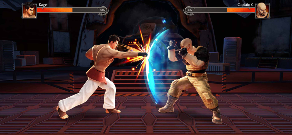 Legend Fighter: Mortal Battle - Dos luchadores 3D llamados Kage y Captain C participan en una batalla con efectos especiales en Legend Fighter