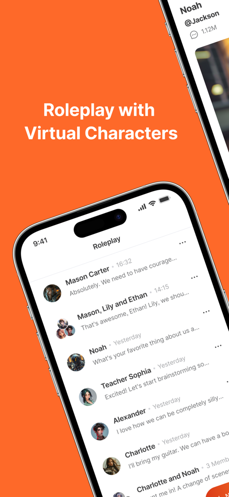 harpy.chat - 가상 캐릭터와 함께 활성 롤플레잉 대화 목록을 표시하는 harpy.chat 앱 인터페이스를 보여주는 스마트폰 화면