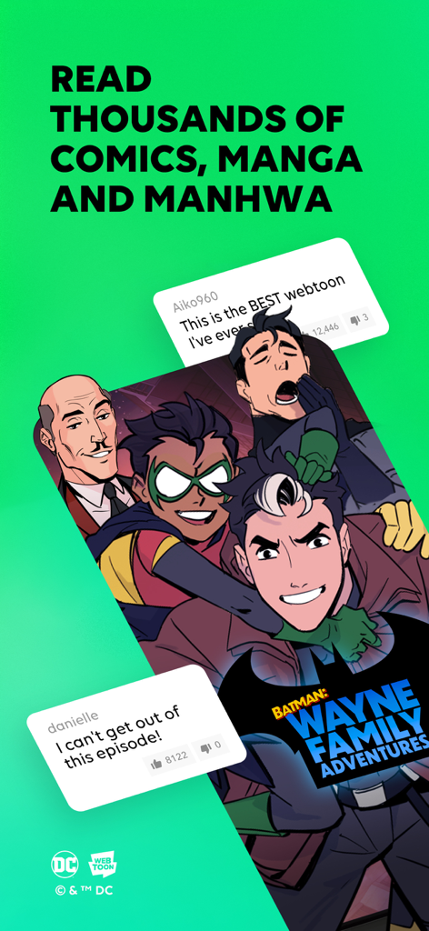 WEBTOON: Manga, Comics, Manhwa - Webtoon app display featuring Batman Wayne Family Adventures and fan comments