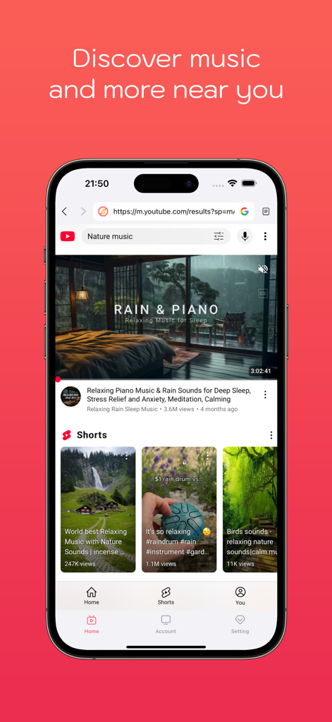 iPhone showing the BeatNow app's privacy browser streaming music and videos from a YouTube interface