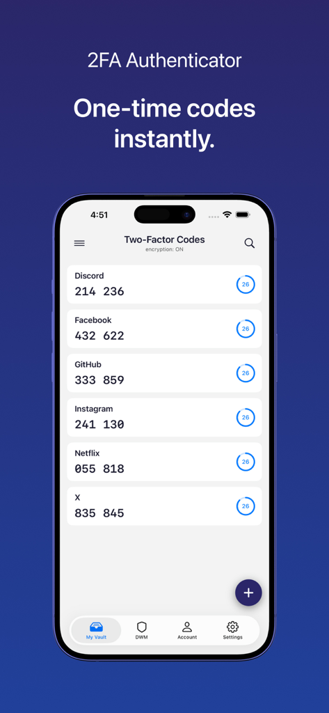 Password Manager by VMP - Pantalla del autenticador 2FA de Password Manager de VMP que muestra códigos de seguridad de un solo uso para varias cuentas