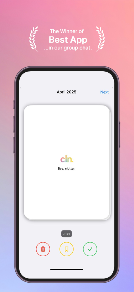 Swipe to Clean — cln. - Minimalist user interface of the cln app showing photo sorting buttons on an iPhone