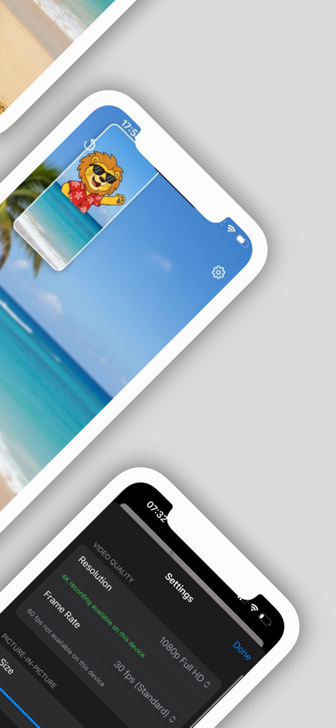 듀오 캠 앱 인터페이스로 화면 속 화면 오버레이와 비디오 품질 설정이 있는 듀얼 카메라 녹화를 보여줍니다.