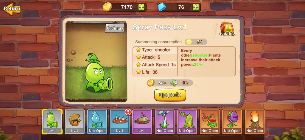 Mutated Plant-Super Skill - Plant upgrade screen in Mutated Plant Super Skill showing stats for Spray Peas