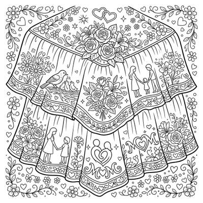 Delight in this unique Mother's Day coloring page featuring an elegantly draped bed skirt adorned with intricate floral patterns and heartfelt symbols. Discover charming scenes of family, birds in a nest, and the word 'MOM,' all designed to celebrate the love and warmth of motherhood.