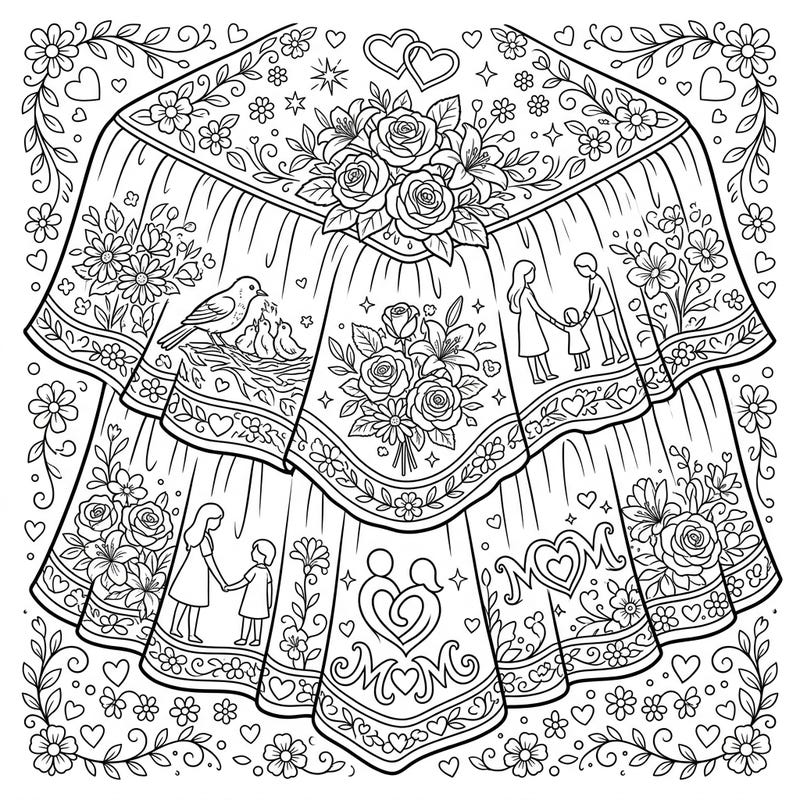 Delight in this unique Mother's Day coloring page featuring an elegantly draped bed skirt adorned with intricate floral patterns and heartfelt symbols. Discover charming scenes of family, birds in a nest, and the word 'MOM,' all designed to celebrate the love and warmth of motherhood.