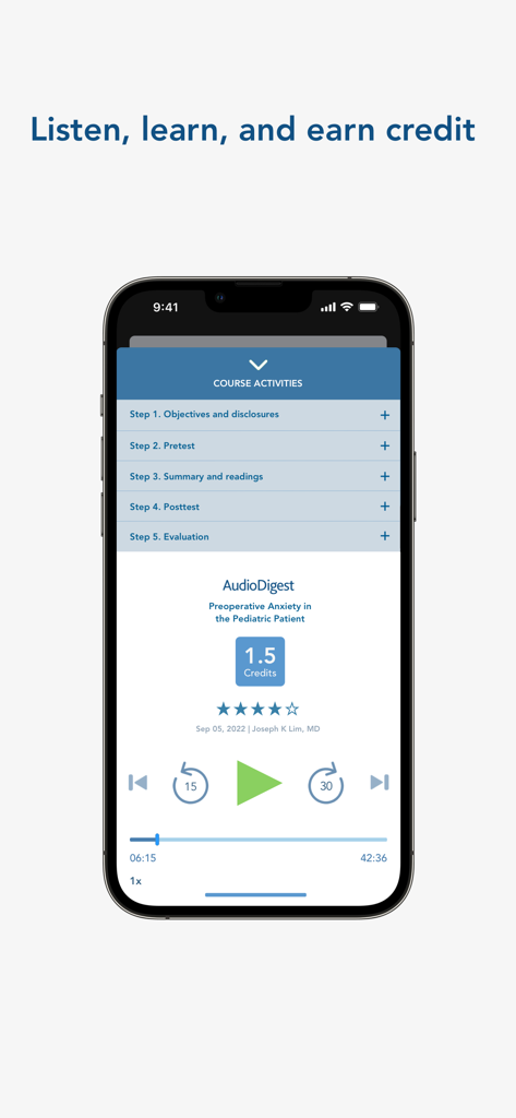 AudioDigest - AudioDigest app interface featuring an audio course player for medical education credits.