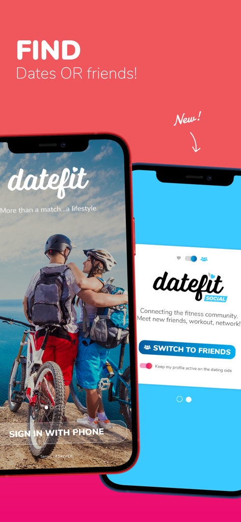 Dos pantallas de teléfonos móviles que muestran la interfaz de la aplicación Datefit para encontrar citas y amigos de fitness
