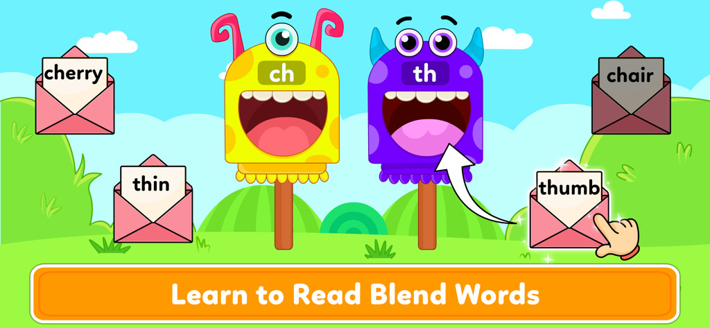 Schermata di gioco di fonetica in cui i bambini smistano parole miste in cassette postali per mostri.