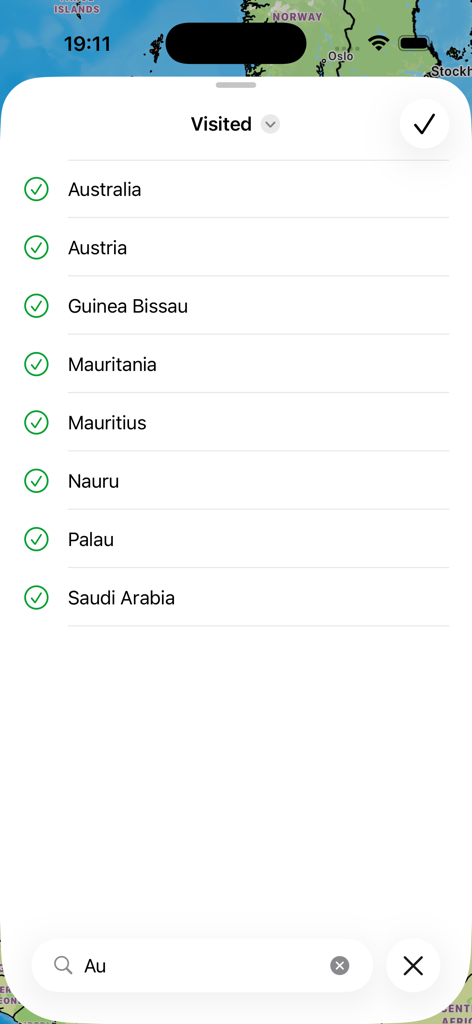 My Visited Countries - Una lista de verificación que muestra una lista de países visitados con marcas de verificación verdes en la aplicación Mis Países Visitados.