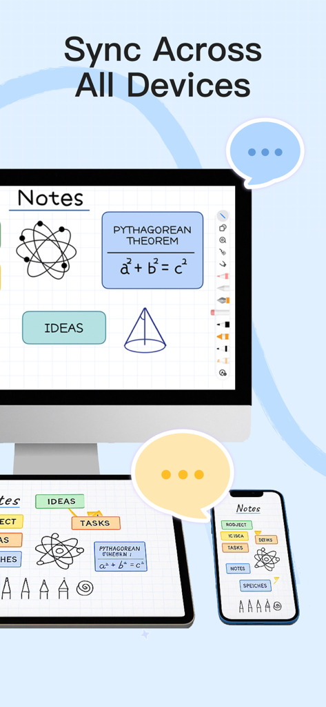 Prodrafts App zeigt handschriftliche Notizen und Diagramme, die auf einem Desktop-Computer, Tablet und Smartphone synchronisiert sind.