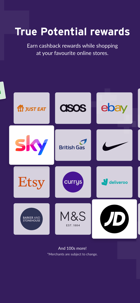 True Potential - True Potential app screen showing cashback rewards for shopping at popular brands like Nike eBay and ASOS