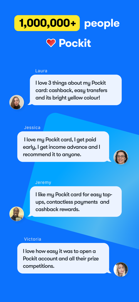 Testimonials from Pockit users highlighting features like cashback early pay and easy account opening