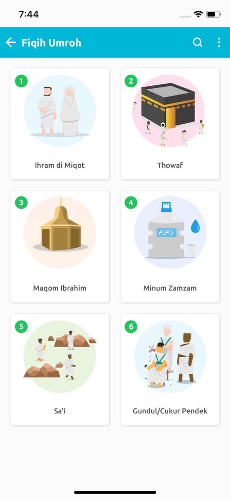 Bekal Haji & Umroh - イフラーム、タワーフ、サイのアイコンが付いたウムラの儀式の番号付きガイドを示すモバイルアプリ画面。
