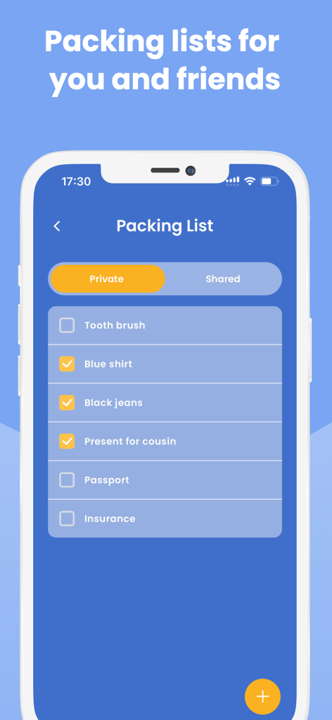 Trippy - Travel Manager - A mobile interface for the Trippy app showing a private packing list with items like clothing and travel documents