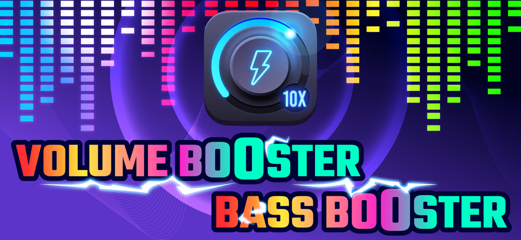 Promotional banner for Volume Booster and Bass Booster app featuring a 10x volume dial and colorful audio equalizer bars