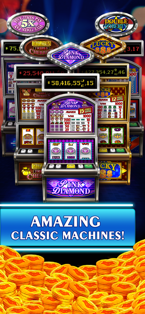Slots - Classic Vegas - Una selección de máquinas tragamonedas vintage de tres rodillos con una pila de monedas de oro