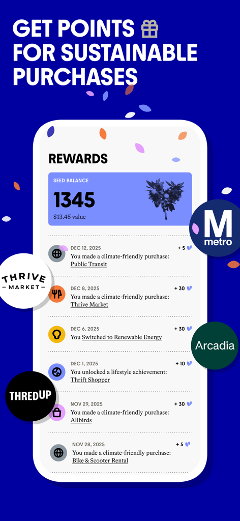 Commons: Make Your Money Count - Commons app rewards screen showing points earned for sustainable purchases like public transit and eco-friendly brands.