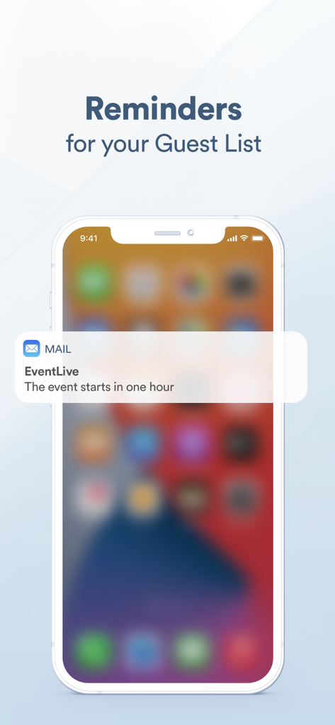 EventLive－Live Stream Event - iPhone-Bildschirm, der eine automatische Erinnerung an den Veranstaltungsbeginn von der EventLive-App für Gäste zeigt