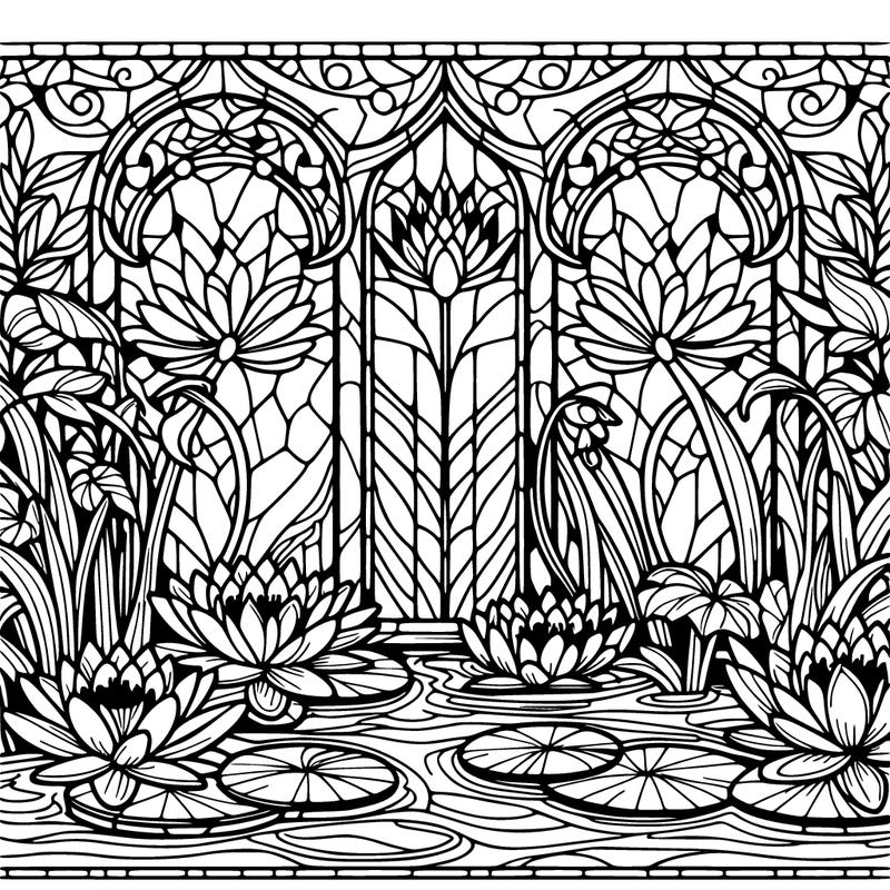 water lilies, stained glass window.