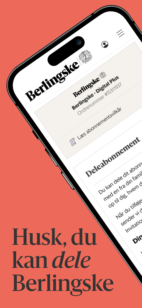 Berlingske - An iPhone screen displaying the shared subscription feature of the Berlingske news app on a red background