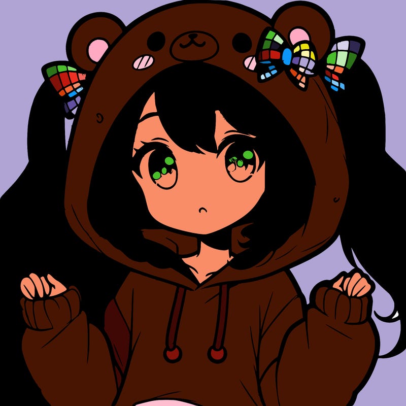 cute anime girl with ponytails and a cute bear hoodie