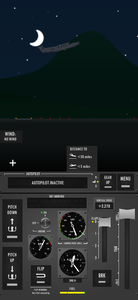 Gameplay screen of Flight Simulator 2D showing a night flight over mountains and a detailed cockpit control panel.
