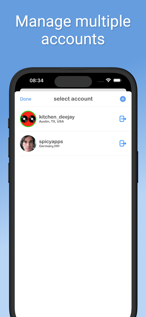 Interface showing the manage multiple accounts screen with a list of connected X profiles