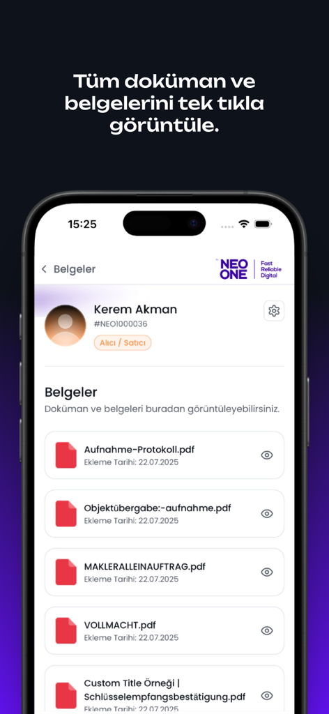 NeoOne - Écran de l'application mobile NeoOne affichant une liste de documents et de contrats immobiliers