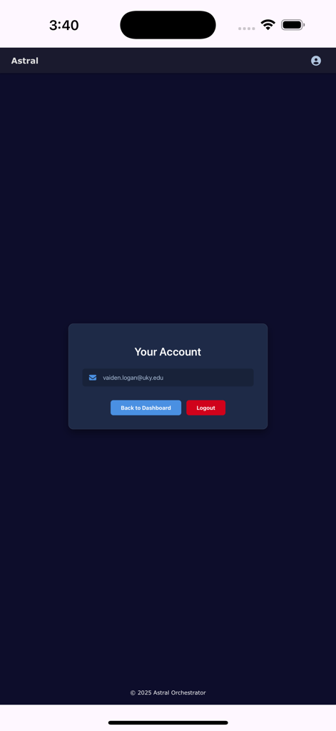 Astral AI - Interface de compte de l'application Astral AI montrant l'e-mail de l'utilisateur et les boutons de navigation pour le tableau de bord et la déconnexion