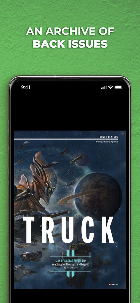 Smartphone displaying the PC Gamer digital magazine app with an archive of back issues.