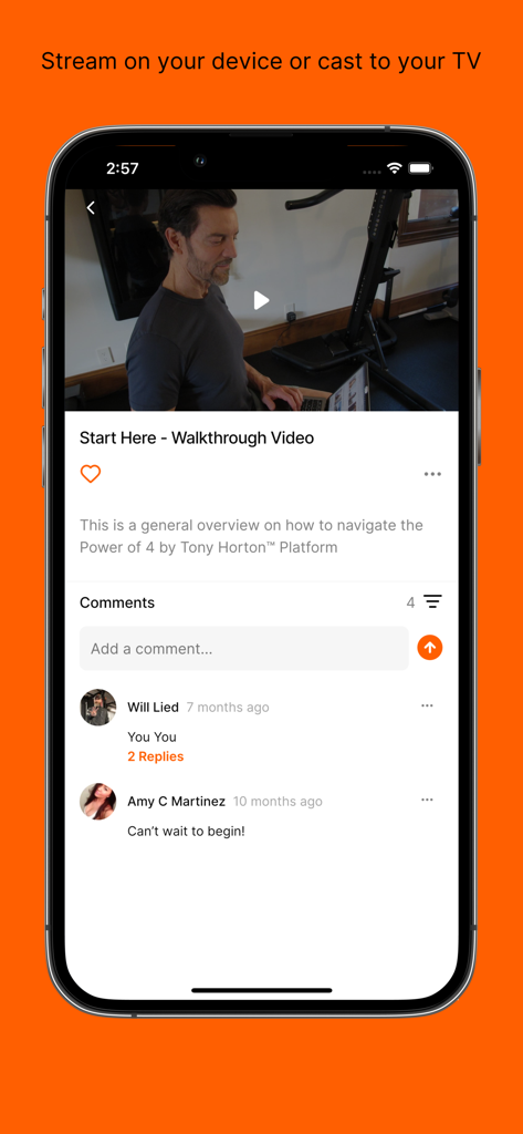 Power Nation by Tony Horton - Tony Horton Power Nation app showing a video player and user comments