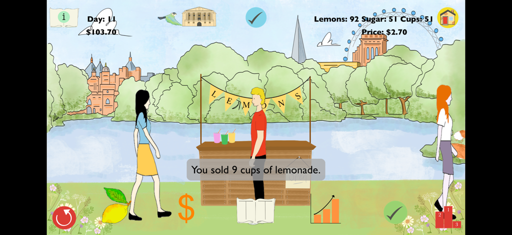 Lemons: Learn Accounting - Gameplay screen of Lemons Learn Accounting featuring a lemonade stand business simulation in a park setting.