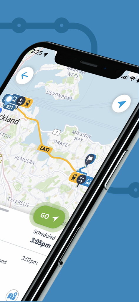 AT Mobile - Vue cartographique de l'application AT Mobile montrant un itinéraire de transit planifié et les heures d'arrivée en temps réel à Auckland