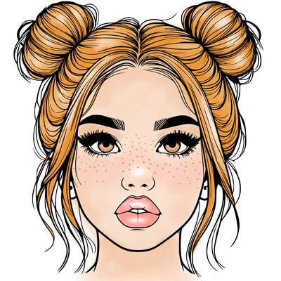 realistic girl with two buns on her hair and lips