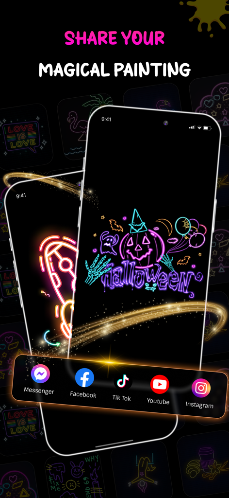Neon Draw - Glow Doodle Art - 네온 드로 앱 화면에 빛나는 할로윈 그림과 소셜 미디어 공유 버튼 표시