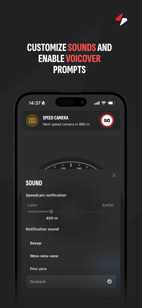 Speedster: speed cams - Interface for customizing sound notifications and speed camera alert distance in the Speedster app