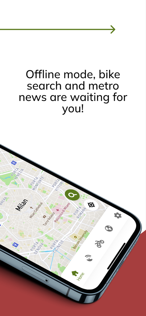 EasyMetro Italy - iPhone displaying the EasyMetro Italy app with a map of Milan and text promoting offline mode and bike search features
