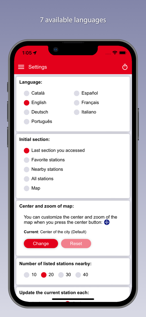 Settings screen of the Bicis Barcelona app showing language and map preferences