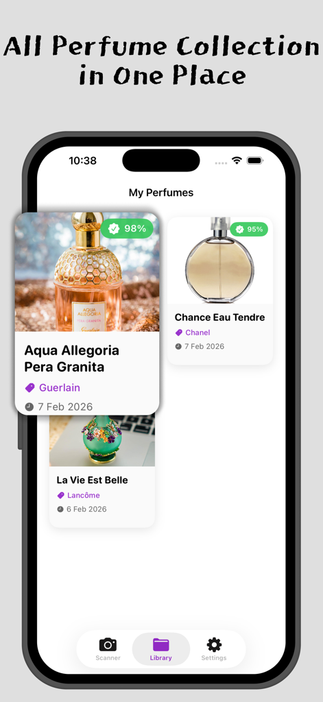 AI Perfume Identifier Scanner - Una schermata di un'app mobile intitolata I miei profumi che mostra una collezione curata di bottiglie di fragranze come Chanel e Guerlain con i loro dettagli di identificazione.