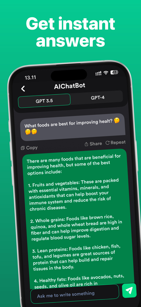AI Smart ChatBot: Ask Anything - AI Smart ChatBot mobile app interface showing a chat conversation with instant health advice