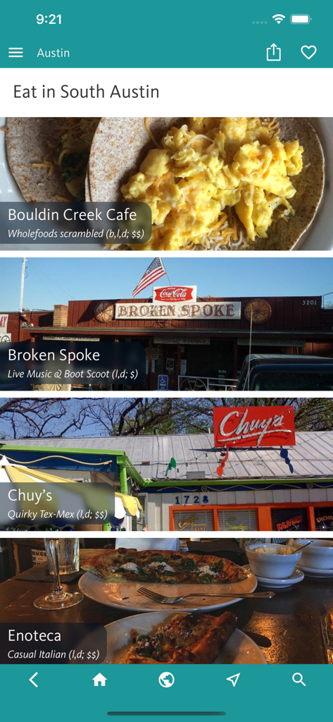 オースティン・ベスト旅行ガイドアプリ内のサウスオースティンの厳選された地元レストランリスト。ボウールディン・クリーク・カフェやブロークン・スークなどが含まれる。