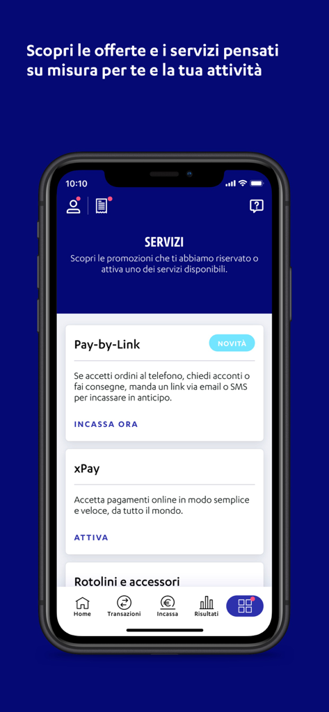 Schermata dell'app Nexi Business che mostra i servizi di pagamento digitale, inclusi Pay-by-Link e pagamenti online per PMI