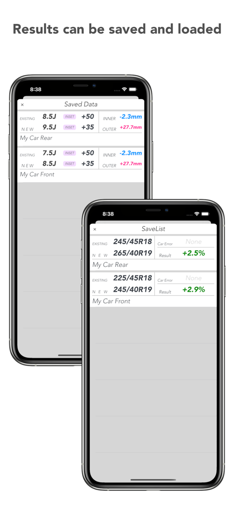 Tire Calculator (Offset&Speed) - Mobile screen showing saved lists of wheel offset data and speedometer error calculations for front and rear tires.