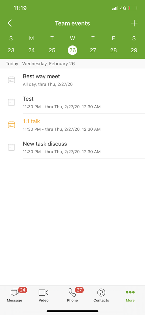 Pantalla de la app TELUS Business Connect mostrando el calendario de eventos del equipo y las reuniones programadas