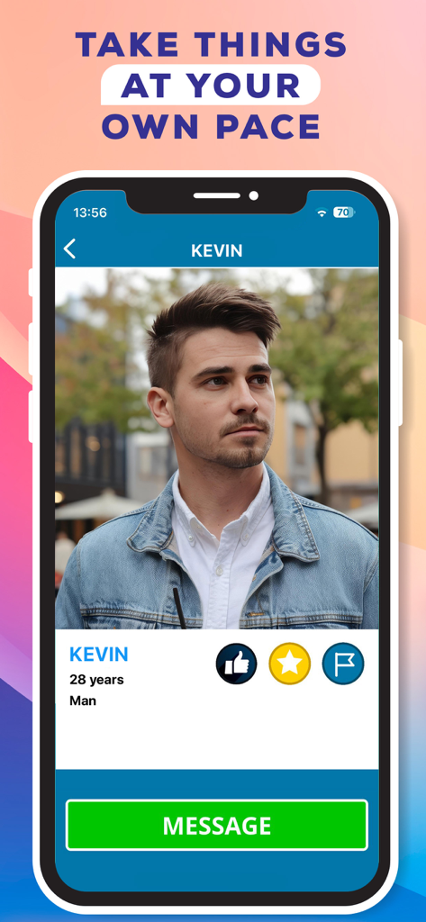 Harmonia Chat - Fall in Love - Interface de profil utilisateur sur l'application Harmonia Chat montrant un homme nommé Kevin avec un bouton de message.