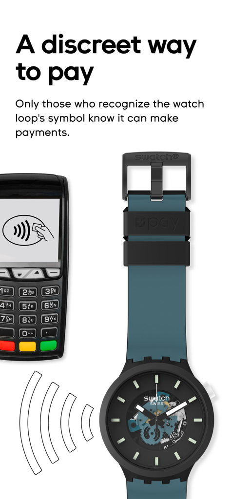Swatch Pay analoge Uhr tätigt kontaktlose Zahlung an einem Terminal