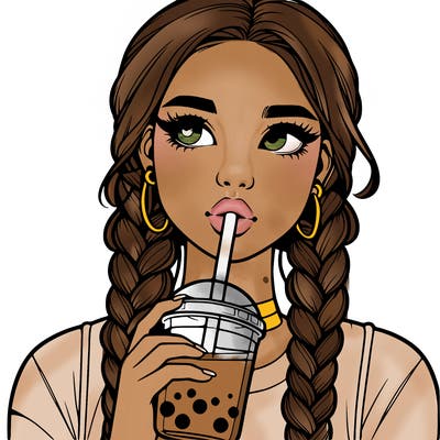 realistic girl with braided hair drinking boba