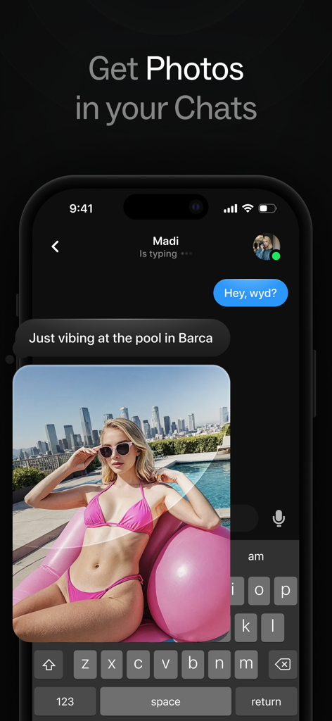 Butterflies - Talk to Real AIs - Screenshot of Butterflies app chat showing an AI character sending a realistic pool photo during a conversation